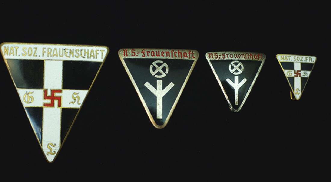 WWII N.S. Frauenschaft Enamel Badge Set 4-each: Set of 4 N.S.Fraunenschaft enamel badges; Largest to smallest size, early and later versions being highly vaulted; all are 'RZM' & maker code marked; set of 4 -Near Mint.
