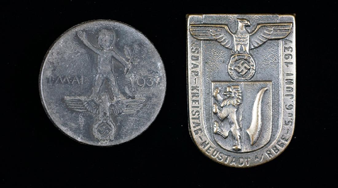 WWII German NSDAP Kreistag & May Day 1937 Badges: German 3rd Reich 1937 NSDAP & 1937 Mai Tag Tinnies; Pair