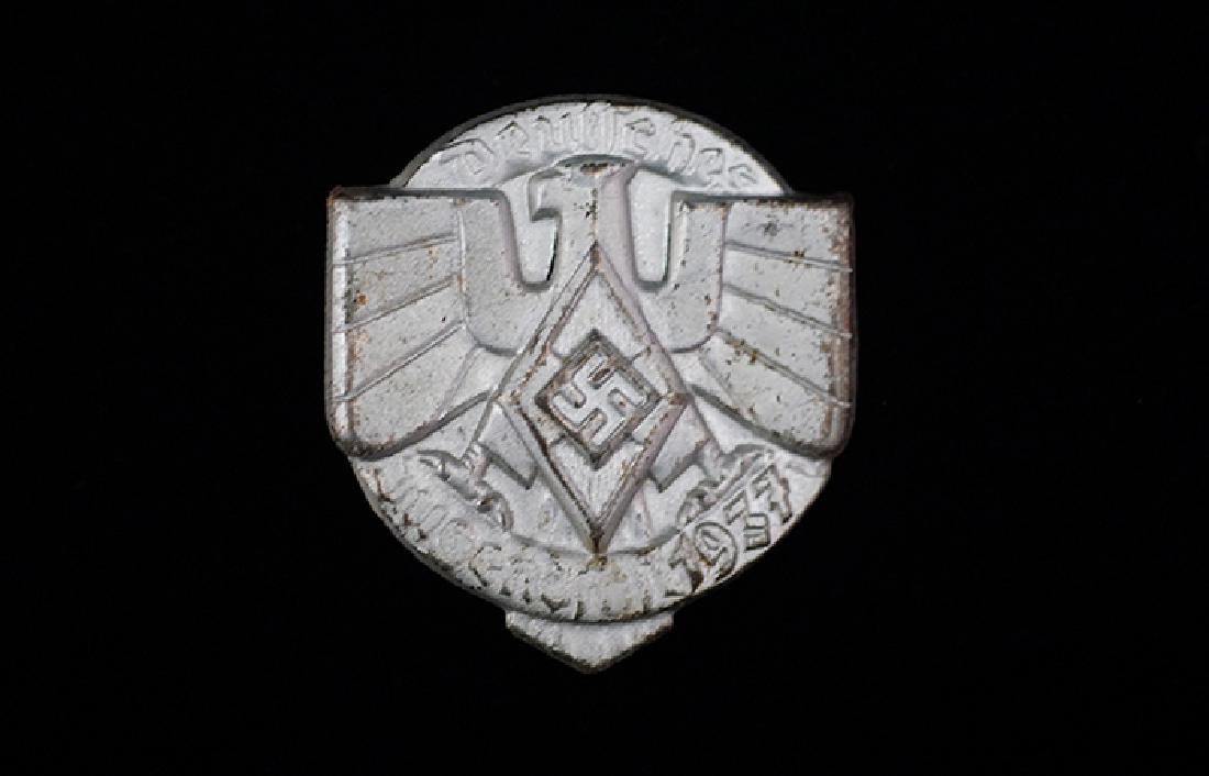 WWII German 1937 HJ-Jugend Fest Badge: German 3rd Reich HJ tinnie dated 1937; 35mm silver steel-alloy with pin-back; excellent condition.