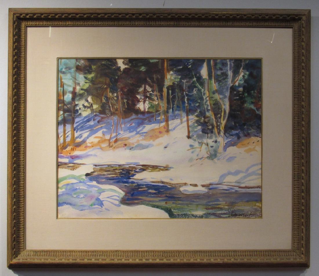 John Whorf (american, 1903-1959) - Water Color: Water Color on paper. "Winter Wood" Winter forest scene with stream. Signed lower right. The Milch Galleries, New York, label on verso. 20.5" X 16" (31" X 27") (From a Central Park West Estate) ***