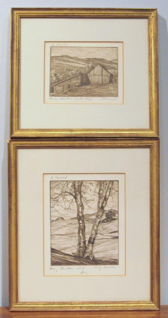 Luigi Lucioni (American 1900 - 1988) - 2 Etchings: 2 Etchings. Christmas 1958, Christmas 1959. Signed and dated and dedicated, To Harold (Milch). 9" X 10" larger framed. (From a Central Park West Estate)