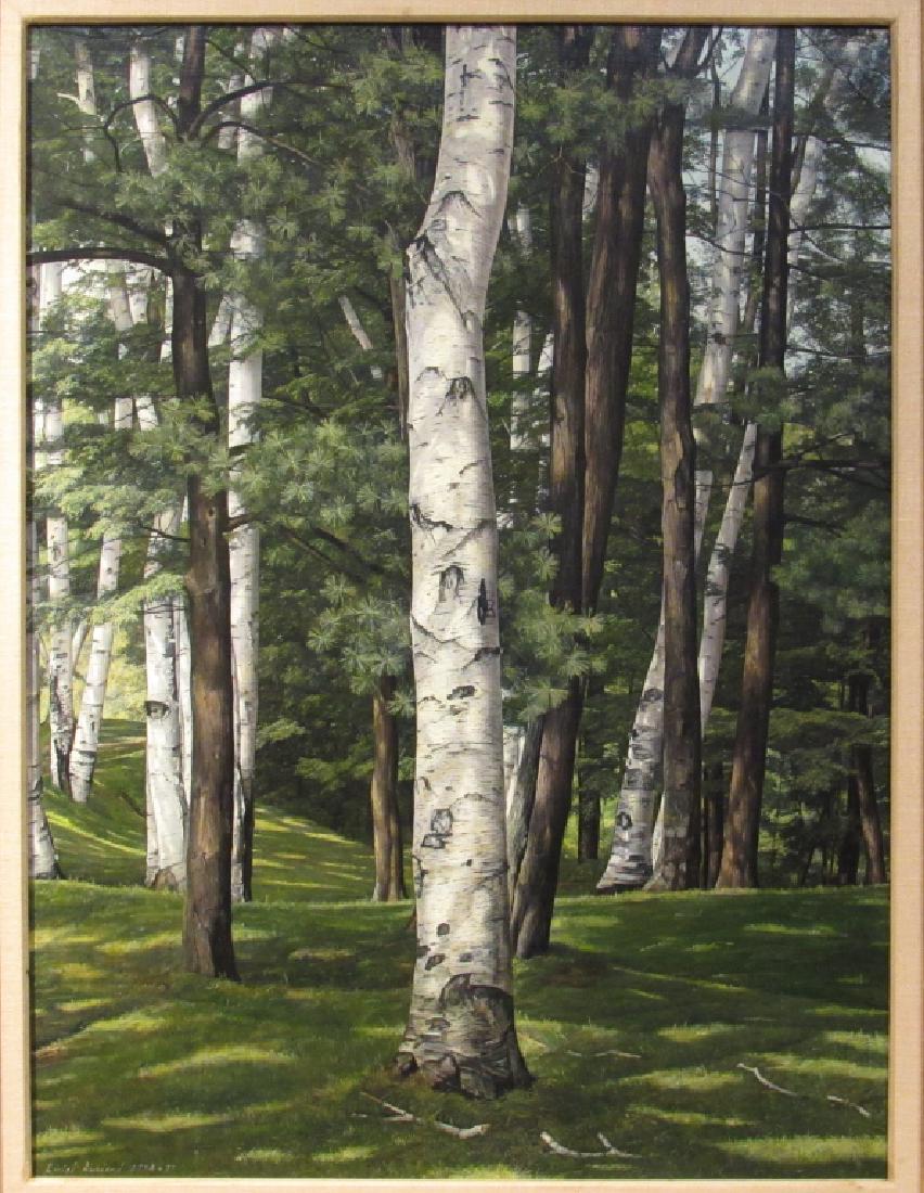 Luigi Lucioni (American 1900 - 1988) Oil: Oil on canvas. "In The Birches". Birch trees in forest setting with sunlight coming through. Signed lower right, dated 1974-77. Label on verso directly from Luigi Lucioni, New York. *Thin cardboard ba