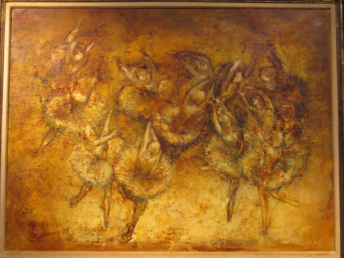 Marie Wilner (American b.1910) - Oil on Canvas: Ballerinas at dance. Signed lower left. Label on back acquired directly from artist. 44" X 33" (55" X 43.5") (From a Central Park West Estate)