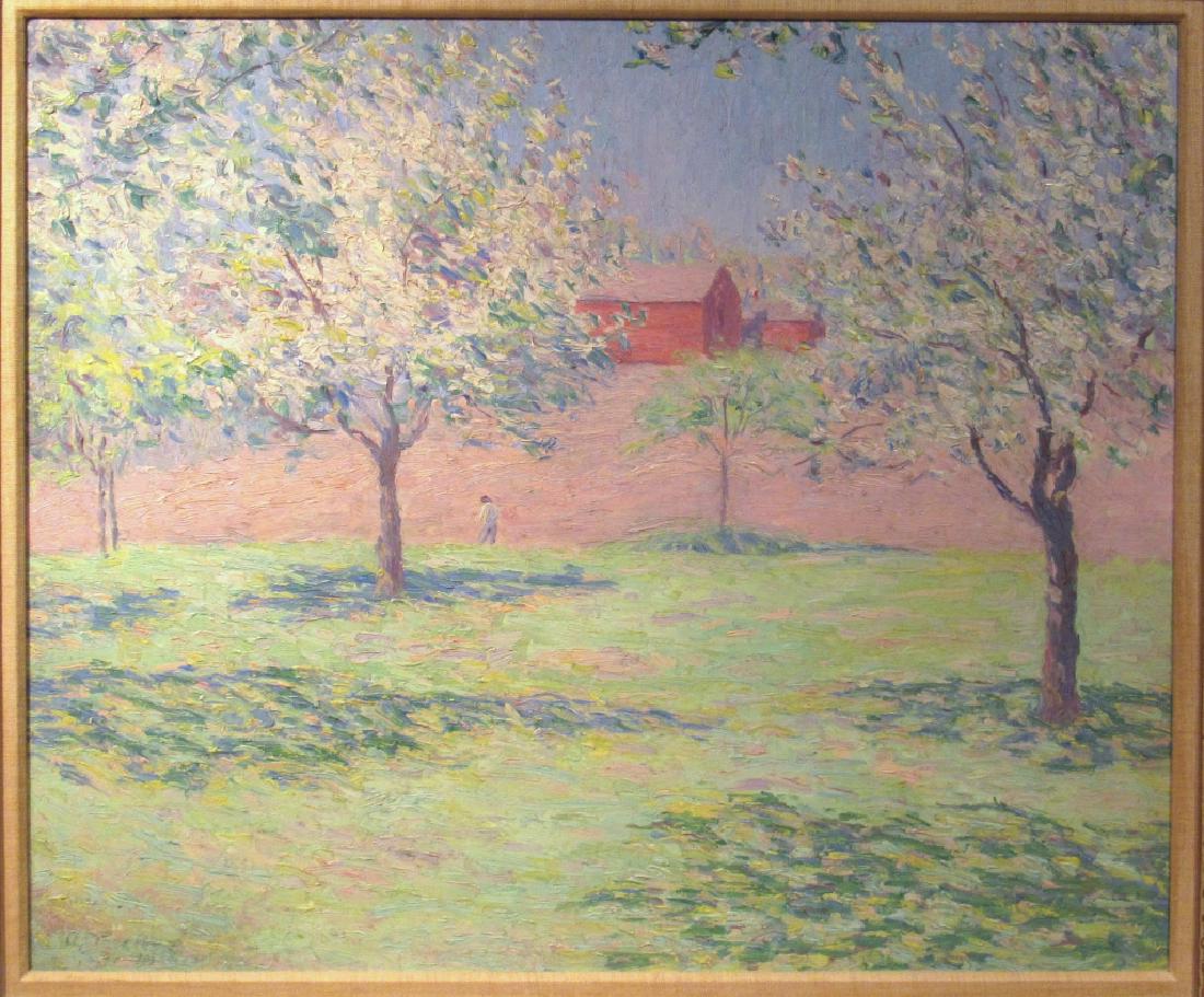 Allen Tucker (American 1866 - 1939) - Oil: Oil on canvas. "Red Barns and Apple Trees", landscape with lone figure, Apple trees and a red barn. Signed lower left, dated illegibly. The Milch Galleries, New York label on back. 29" X 24" (36.5" X 