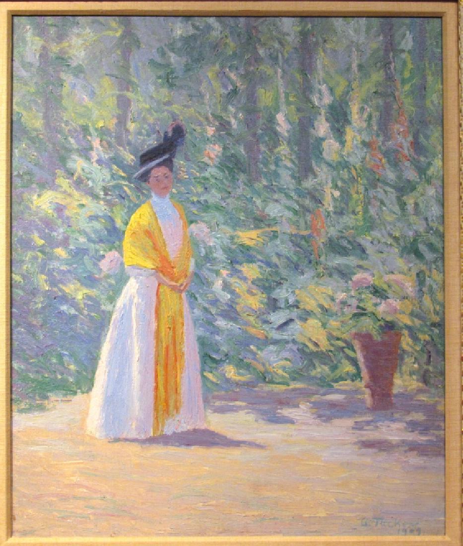 Allen Tucker (American 1866 - 1939) - Oil: Oil on canvas. "The Yellow Shawl", Woman in garden with hat and shawl. Signed lower right, dated 1909. The Milch Galleries New York label on back. 19" X 23" (26.5" X 30.5") (From a Central Park West E