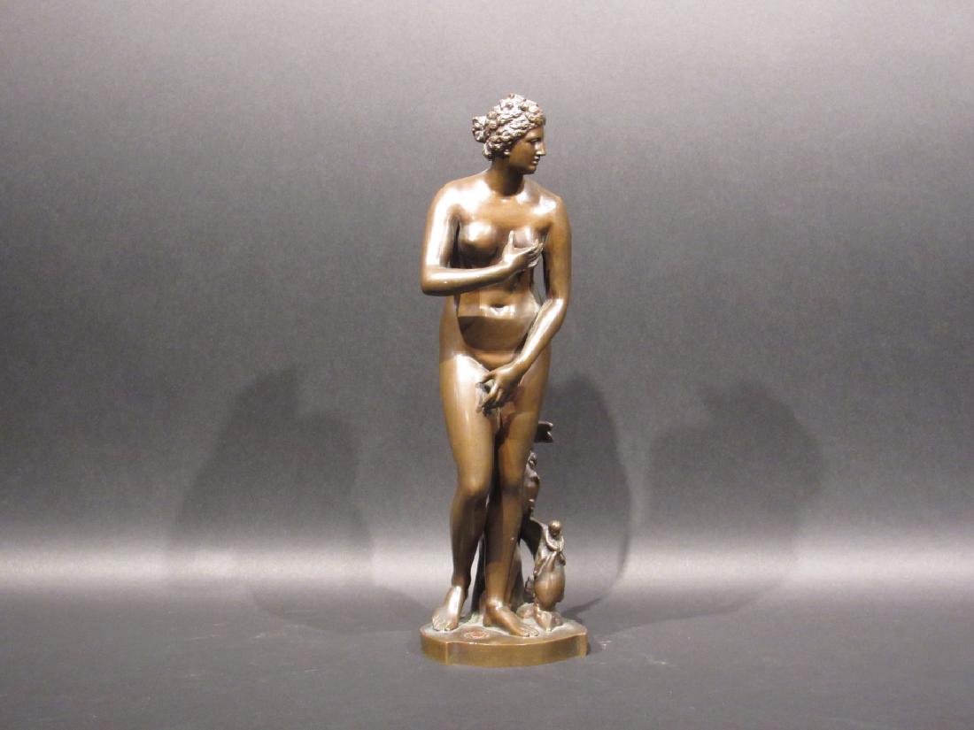 After A. Collas Brevete - Bronze Venus De Medici: Standing nude female with putto riding Dolphin to the side. F. Barbedienne Fondeur on back. 4"w X 12"h.