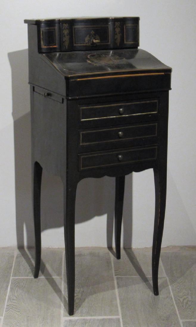 Antique French Diminutive Ladies Desk: Brass wavy inlays (2 missing), , monogrammed "AM", flap top desk with leather top, upper section with interior letter slots. 3 drawers. 15"w X 13"d X 35"h (From a Central Park West Estate)