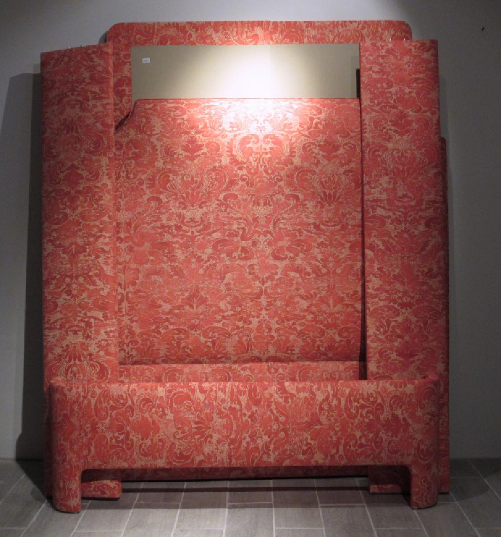 Full Size Upholstered Bed: Fortuny style fabric. Full with headboard (64"w X 55"h), footboard, rails and 2 part base. Fabric in very good to fine condition.