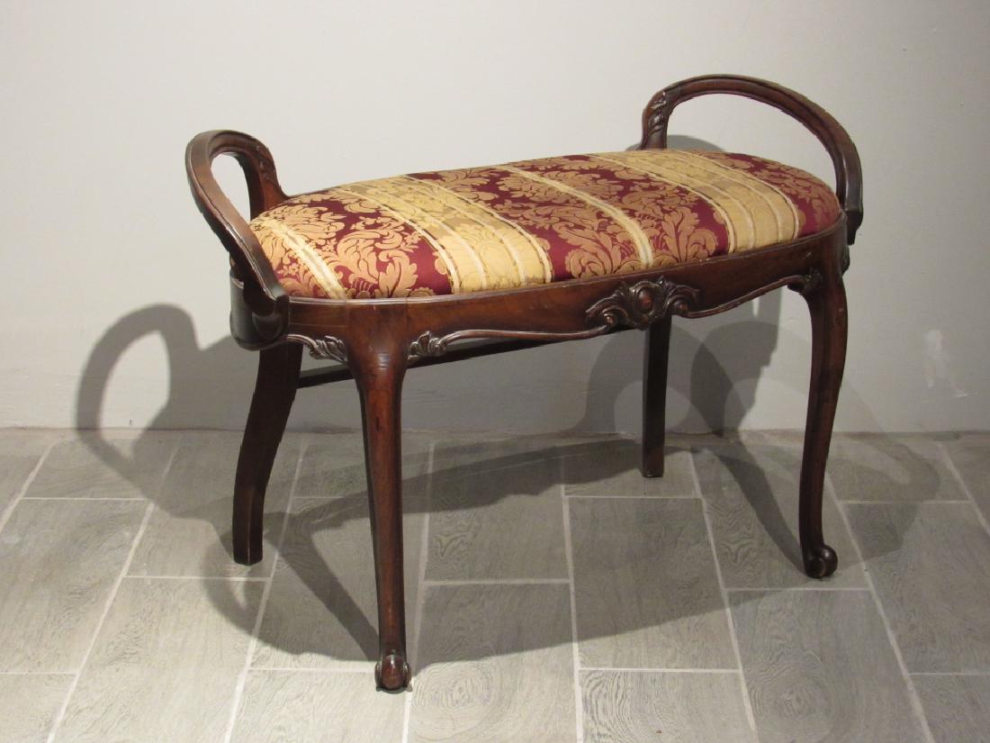 Art Nouveau Style Window Bench: Sculpted carved mahogany, slip seat. 32"w X 18"d X 22"h