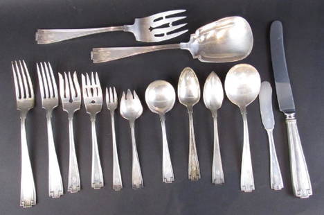 Gorham Sterling Silver Etruscan Flatware Set: 12 piece Complete Setting for 12 EXCEPT one pointed spoon missing (grapefruit spoon). Plus 2 serving pieces. 129 oz. troy plus dinner knives. All pieces monogrammed "G".