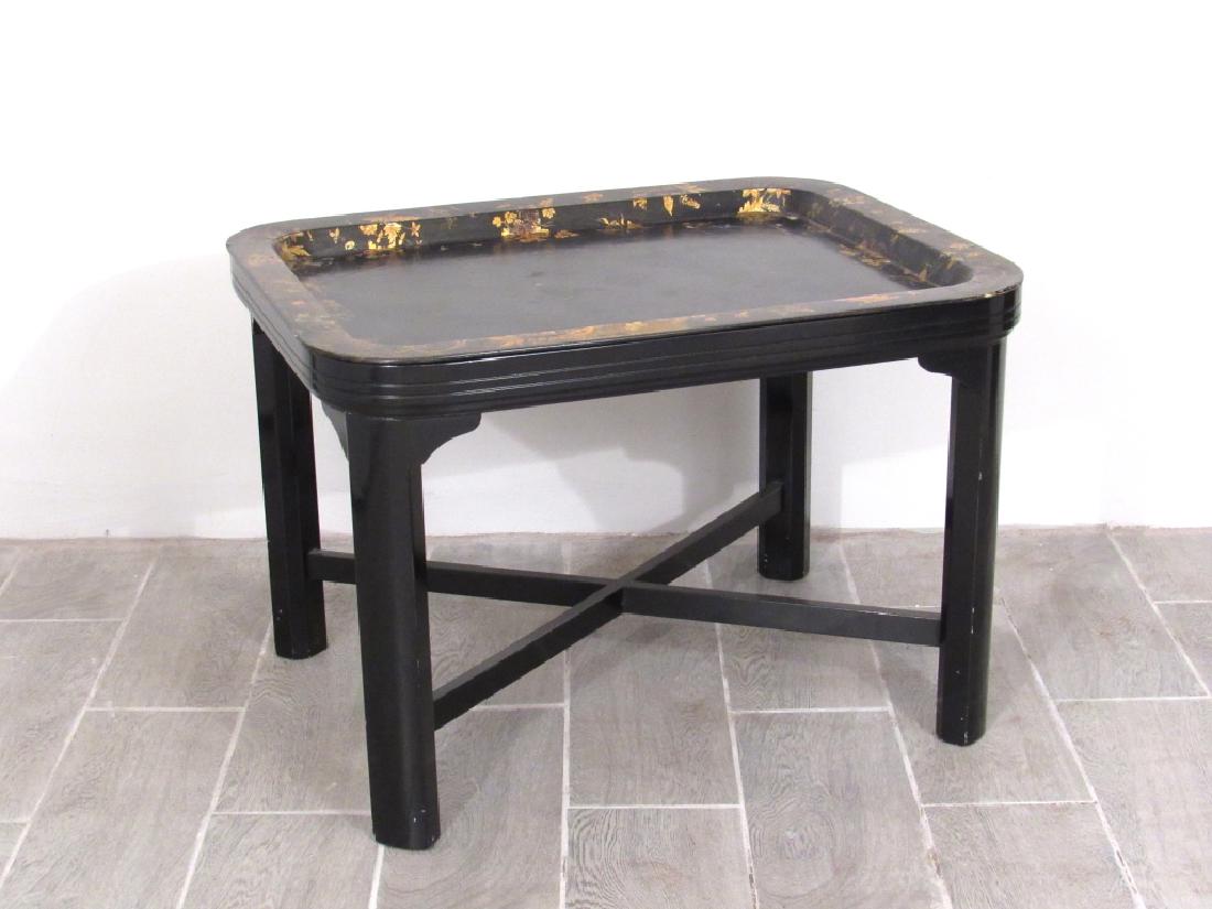 Antique Victorian Tray on Modern Base: Papier mache gilt decorated tray (small chip on back) fitted in a modern ebonized coffee table base with "X" stretcher. 30" X 23" X 20.5"h