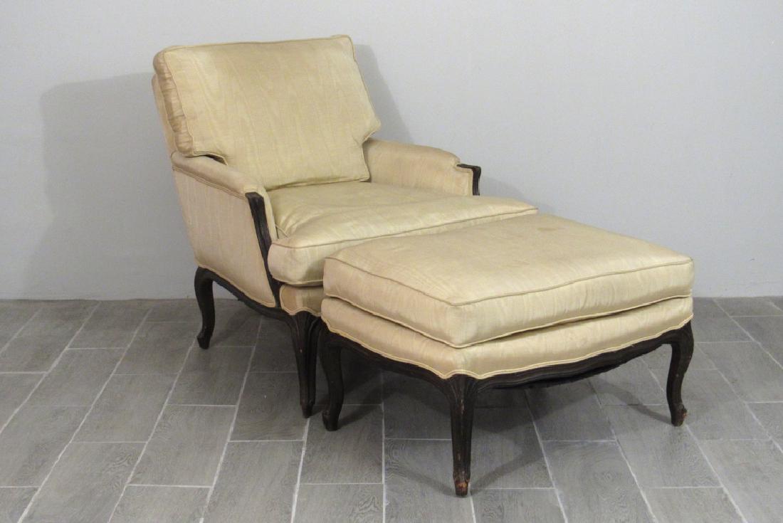 Louis XV Style Two Parts Lounge: Carved and painted convex chair fitting to concave ottoman. Dawn and pad cushion. Need Re-upholstery. Chair 31"W 38"D32"H. Ottoman 30"W 21"D 17"H.