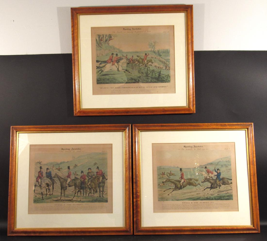 Set of 3 Hand Colored Sporting Prints: "Sporting Anecdotes" after H. Alken. Plates 6, 7, and 10. Foxing and fading. Each with "Old Print Shop" label. 14" X 11" (21" X 18")
