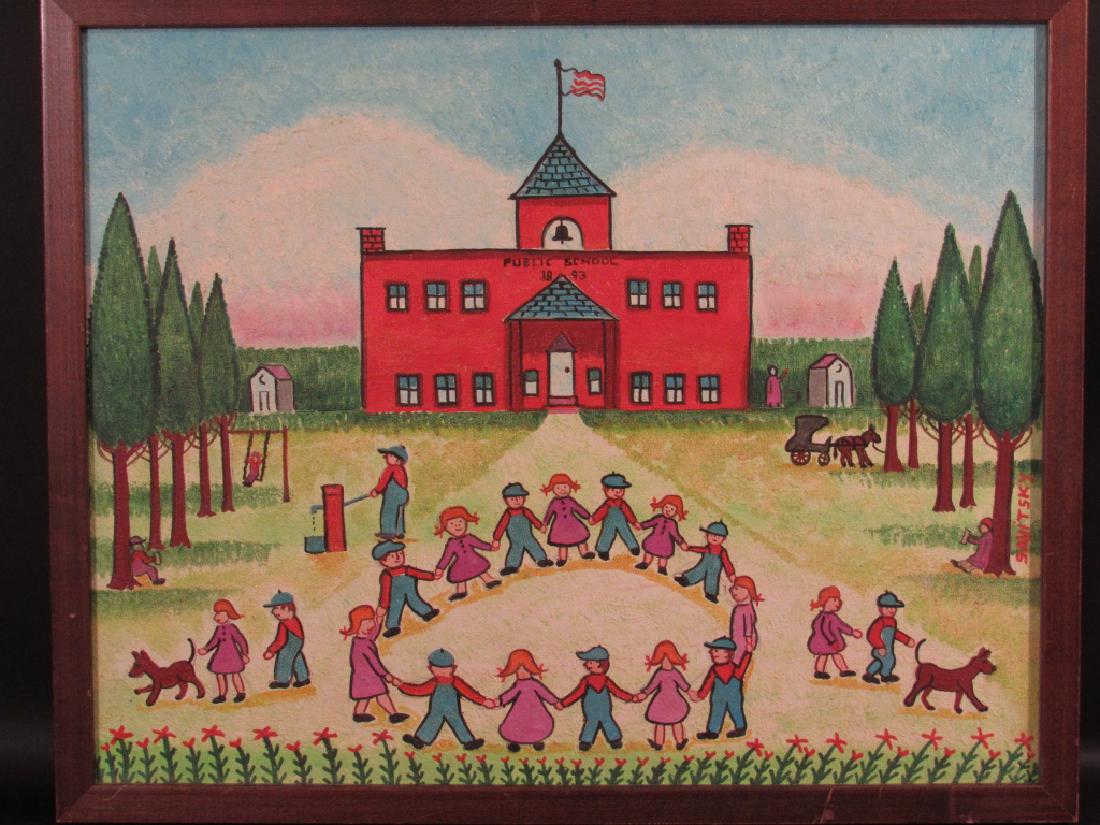 Jack Savitsky (American) - Oil on Board: Public School 1893, Red schoolhouse with children dancing in front. Signed middle right. 19" X 15" (21" X 17")