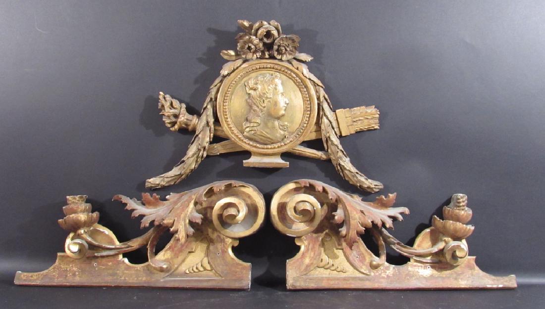 3 Antique Gilt Wood Carved Appliques: Likely a pediment with facial profile center (20"w X 14"h), and a separate pair of left and right cornices. As is, as shown.