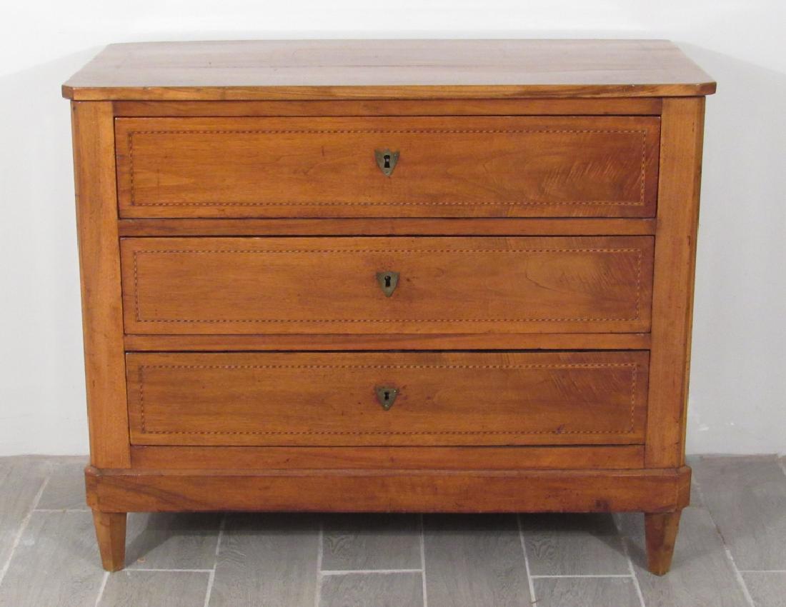 Antique Biedermeier 3 Drawer Chest: 3 running inlay drawers and inlay top. Age cracks. 41"w X 20"d X 34"h.