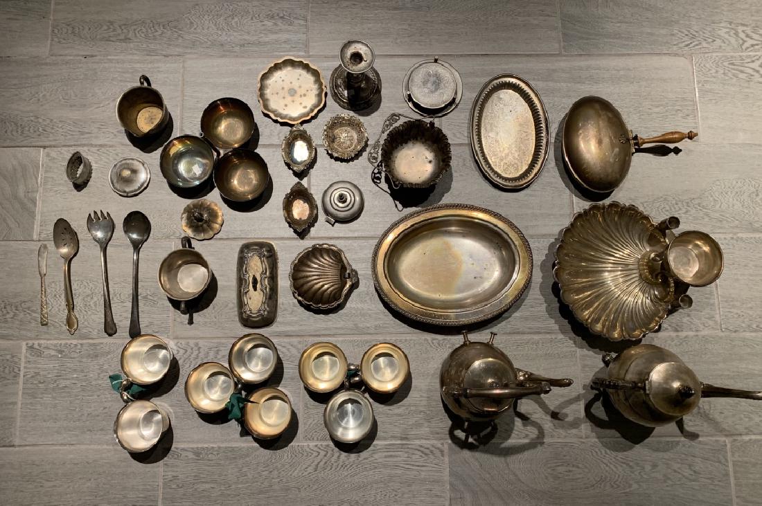 Assorted Silver Plated Articles: Cups, small dishes, teapots, etc. (A few sterling small dishes)