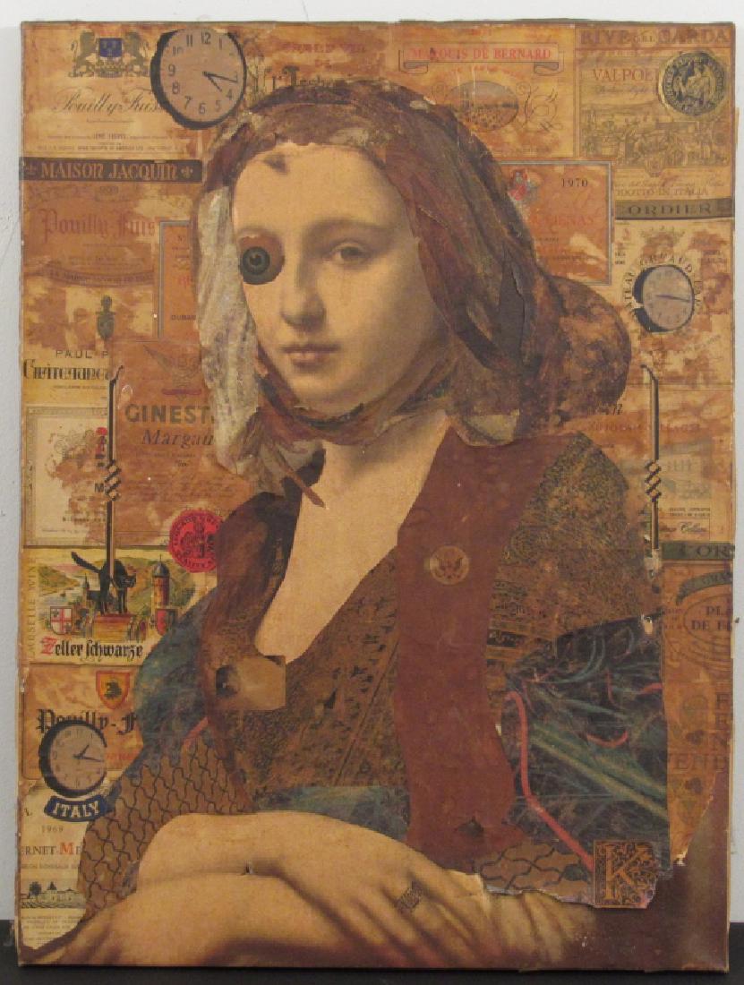Unsigned - Collage on Canvas: Collage of wine labels and a print of the Mona Lisa with additions. Tear in canvas lower part. 18" X 24"