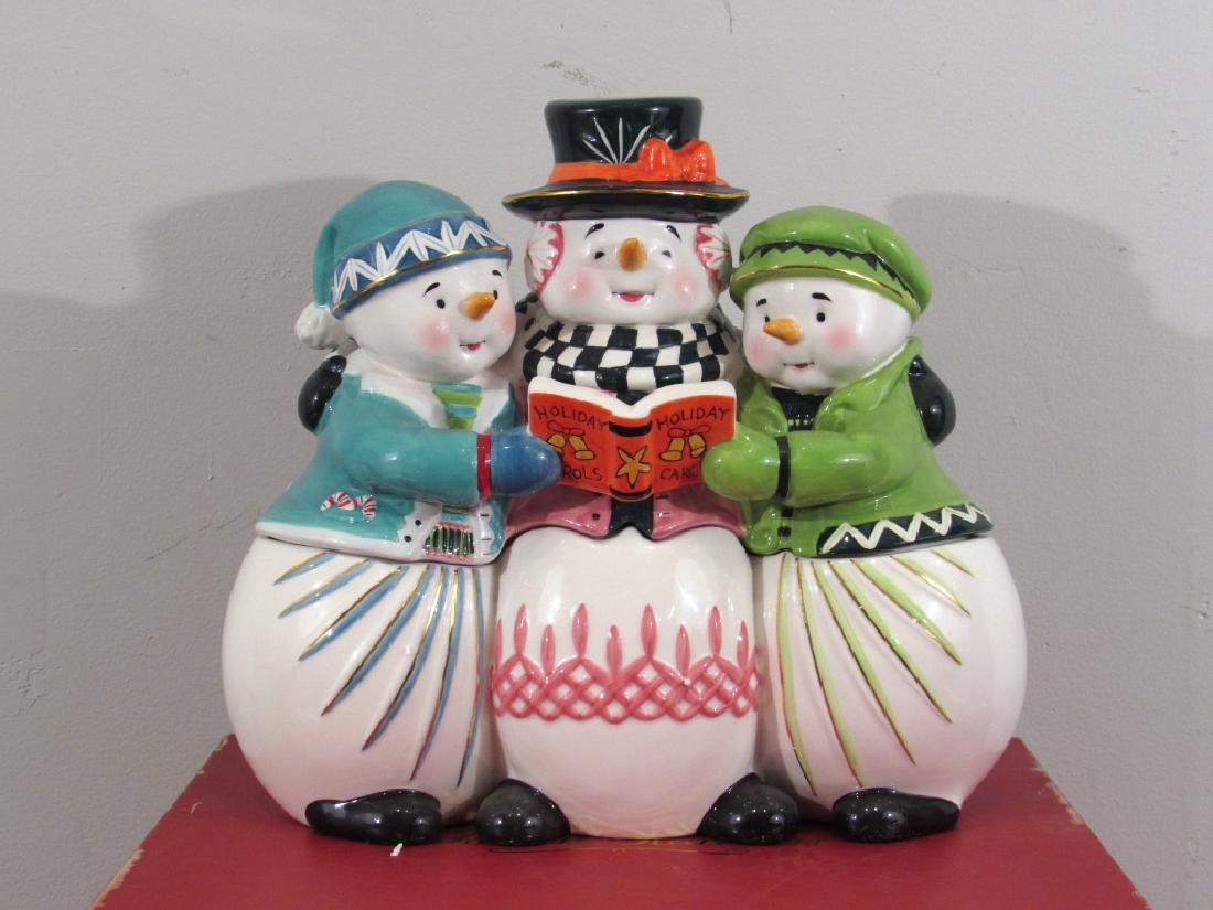 Waterford Holiday Heirlooms Cookie Jar: 3 Signing snowmen design. Musical when cover lifted (Frosty the snowman). In original box with packing. 15"sq. X 11".
