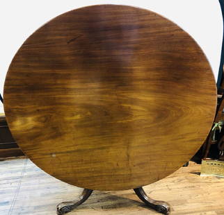 Fine Georgian tilt top table: Exceptionally fine large size Georgian tilt top mahogany table, circular with splayed, moulded legs - English, c. 1780. 28.5 inches tall when the top is level and in place for use, and the round top i