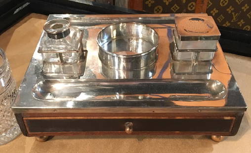 George III silver inkstand: George III silver inkstand attributed to silversmith Hester Bateman, London 1788, one of the few female silversmiths. The antique liquor bottle added to complement the inkstand, and fits perfectly ins