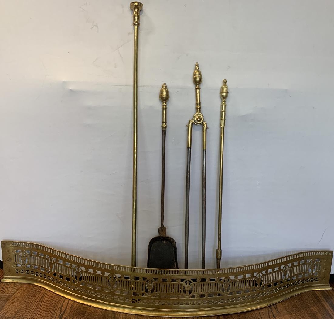 Antique English brass fireplace fender, tools (1 of 2)