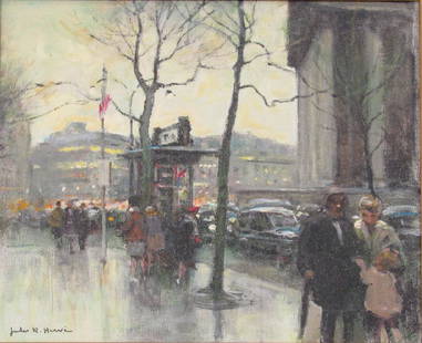 Jules R Herve (French 1887-1981) Oil: Oil on canvas. Paris street scene with figures. Signed lower left and on verso. 22" X 18" (31" X 27") (Upper West Side Estate)