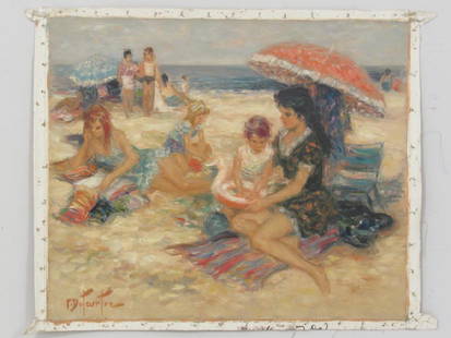 Pierre Duteurtre (French 1911-1989) Oil: Oil on unstretched canvas. "Maternite a la plage" Beach scene with beauties. Signed lower left and on verso. 23" X 19.5" unstretched, As Is. (Upper West Side Estate)