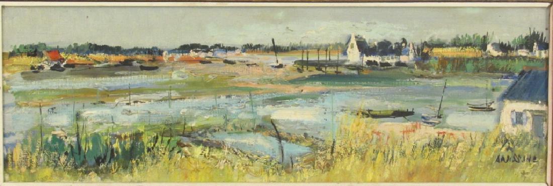 Yolande Ardissone (French b.1927) Oil on Canvas: Marsh scene with sailboats. Signed lower right and on verso. 23" X 8" (29" X 14") (Upper West Side Estate)