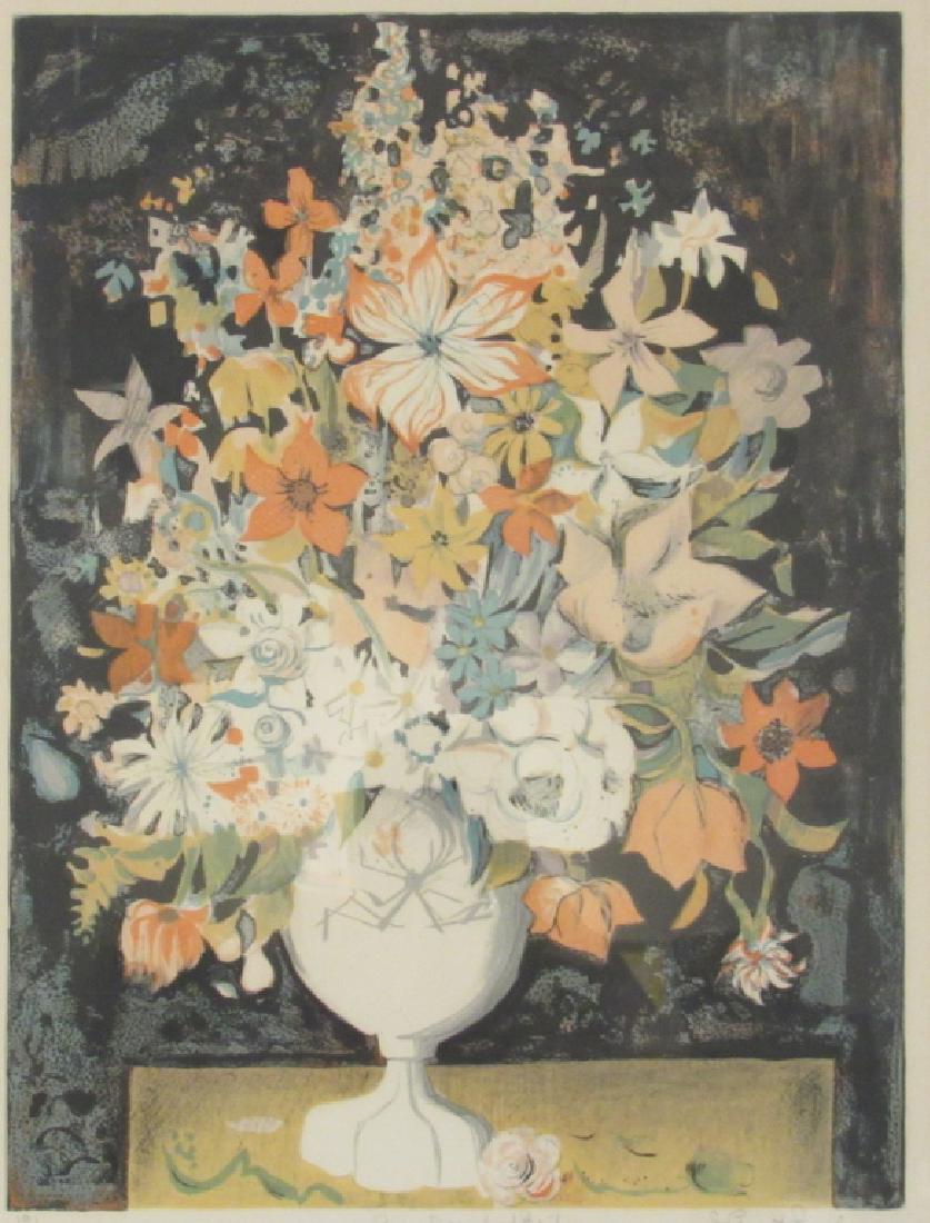 Vernet Bonfort (French 1934) Lithograph: Table still life of flowers. Signed and numbered 121/130, for Daniel and Beatrice. 19" X 25" (25" X 30") (Upper West Side Estate)