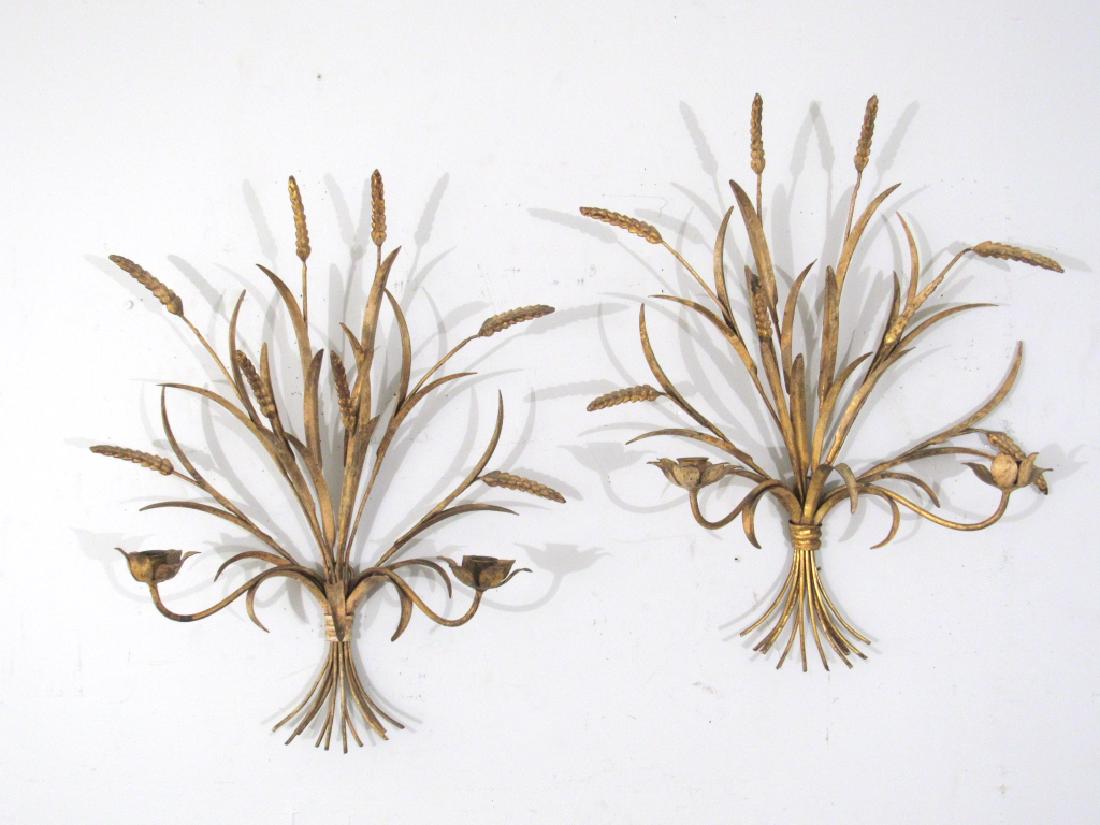 Pair Gilt Tole Sheaf of Wheat Sconces (1 of 3)