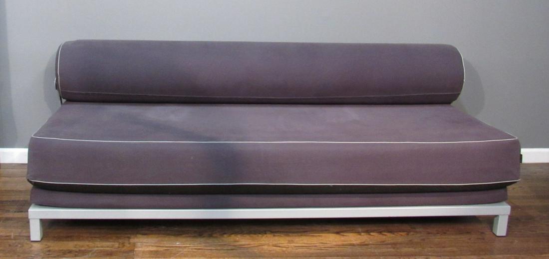 Softline Danish Futon Couch: Bolster back cushion, with label "Softline," and "Made in Denmark," metallic frame, 79"w X 37"d X 29"h