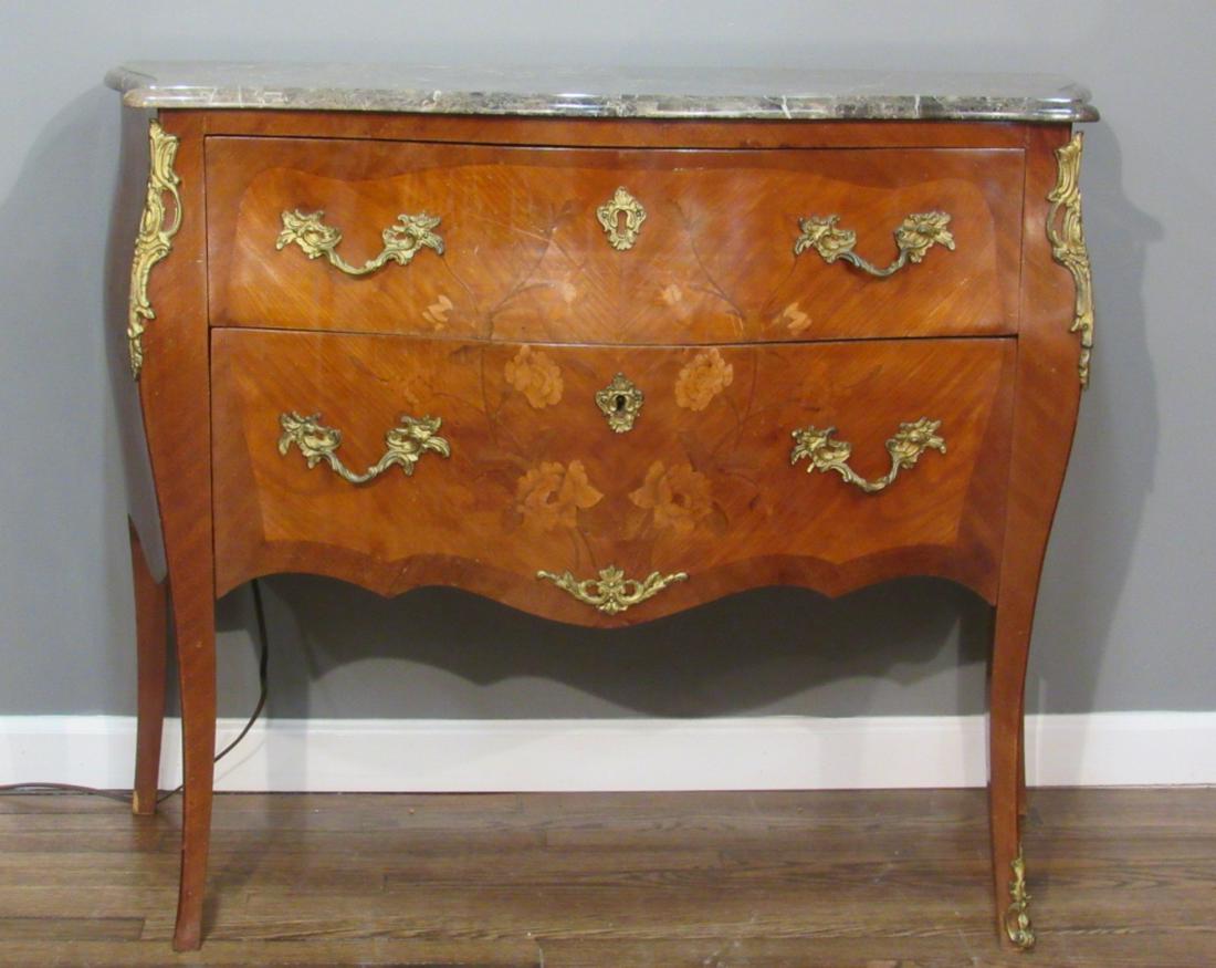 Louis XV Style Marble Top Commode: Marquetry inlaid, some scratches, bronze mounted accents. 40"w X 18.5"d X 32"h