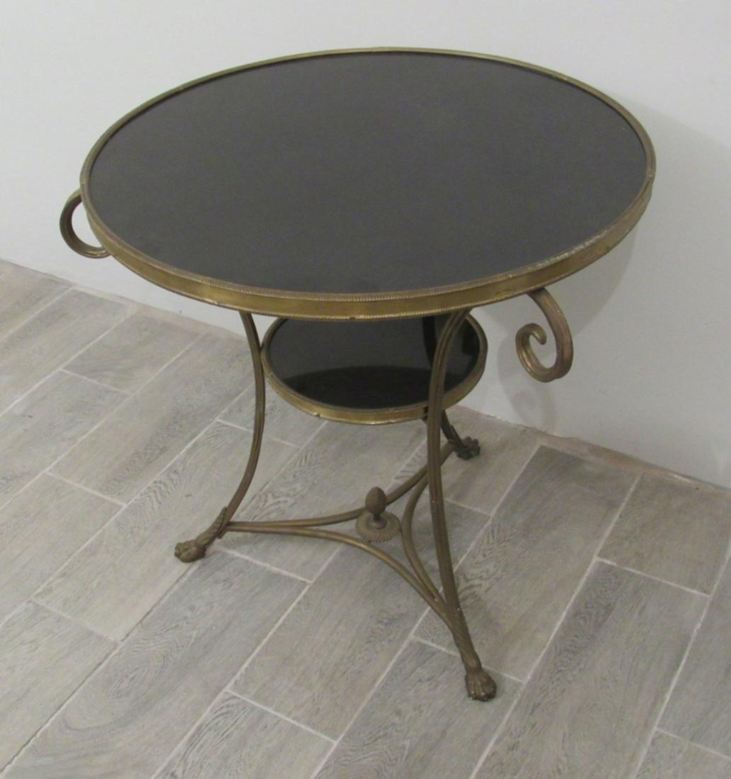 Empire Style 2 Tier Gueridon: Marble tops, Scrolled motifs, 3 legged base with claw feet, 31"dia X 27.5"h