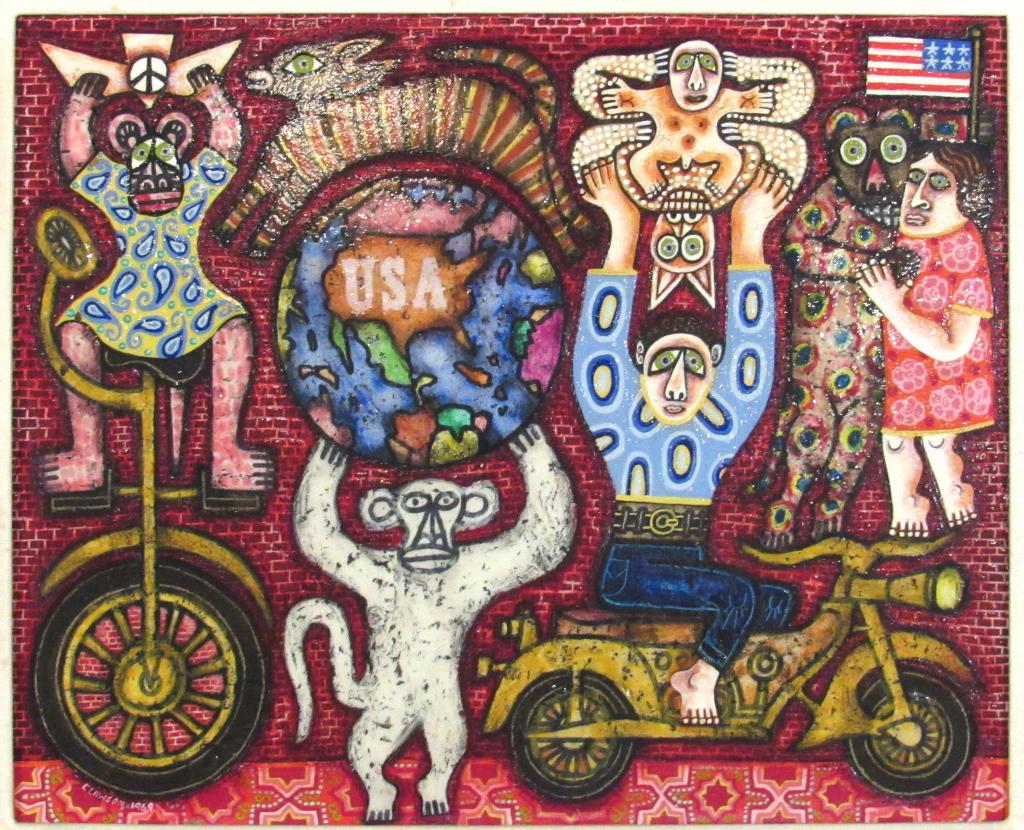 Rex Clawson (American, 1929-2007) - Painting: Oil and acrylic on board. "Animal Act". Figural study with animals, people and motorcycle, etc, surrounding USA . Signed lower left and dated 1969, titled on verso. 13.5" X 16.5" (18" X 22") From a Lo