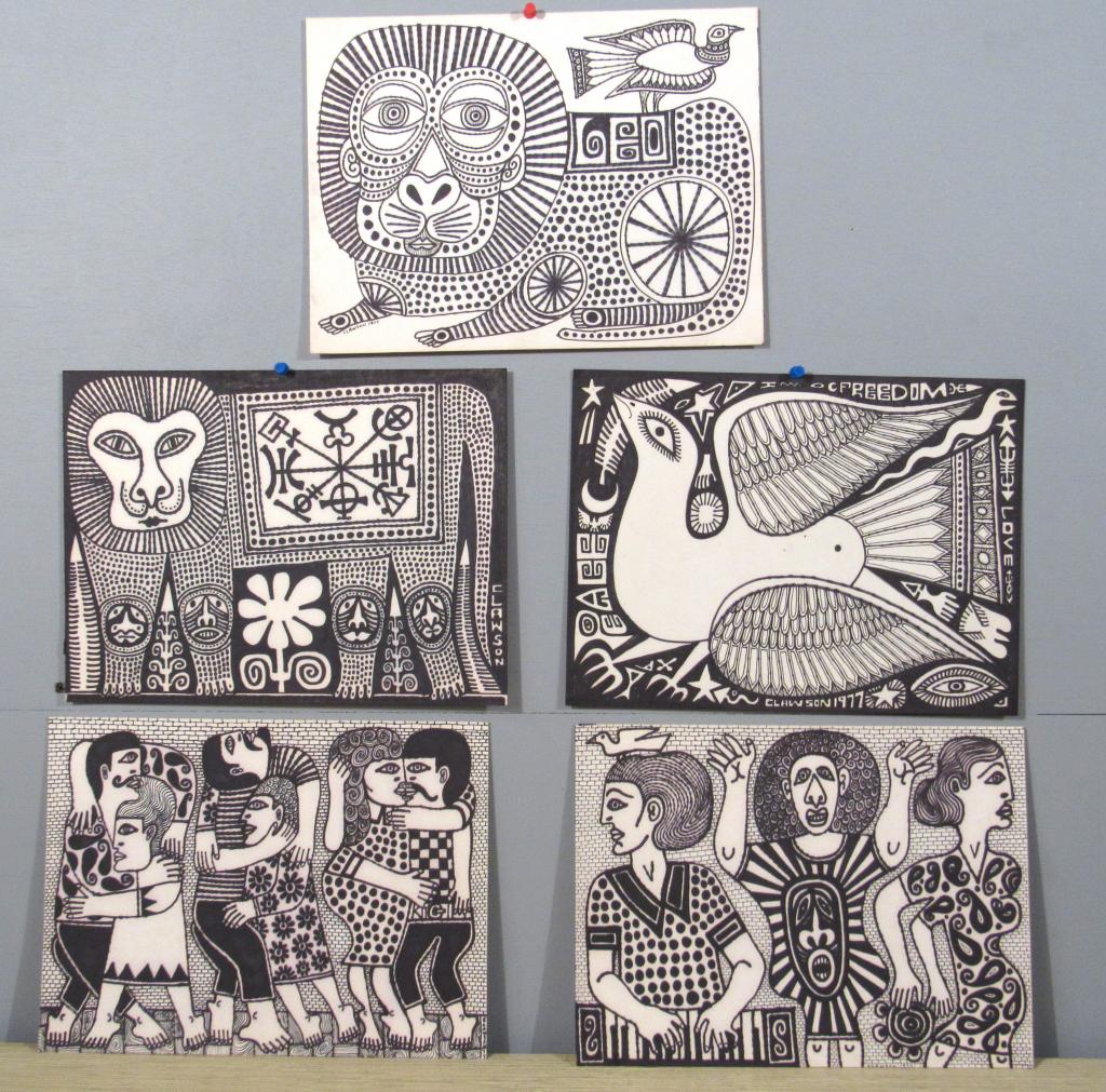 Rex Clawson - (1929-2007) - Five works: Five works. Marker on hard paper. Figural and animals. Signed, circa late 1970s. 9" X 12" From a Long Island private collector.