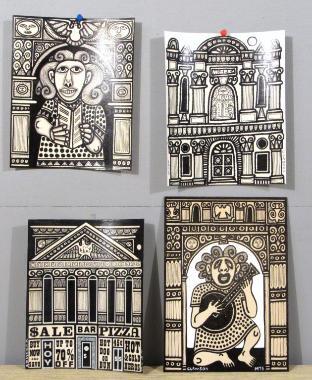 Rex Clawson - (1929-2007) - Four works: Four works. Mixed media: oil, acrylic, & collage. Figural and architectural. Each signed and dated 1975. Largest 10" X 7" (on board) From a Long Island private collector.