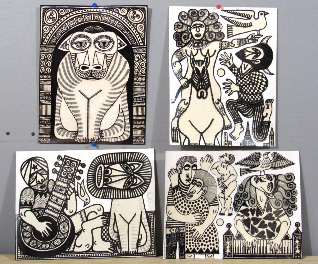 Rex Clawson - (1929-2007) - Four works: Four works. Mixed media. Oil and acrylic on hard paper. Figures and animals. Signed and dated in 1970s. 8" X 11". From a Long Island private collector.