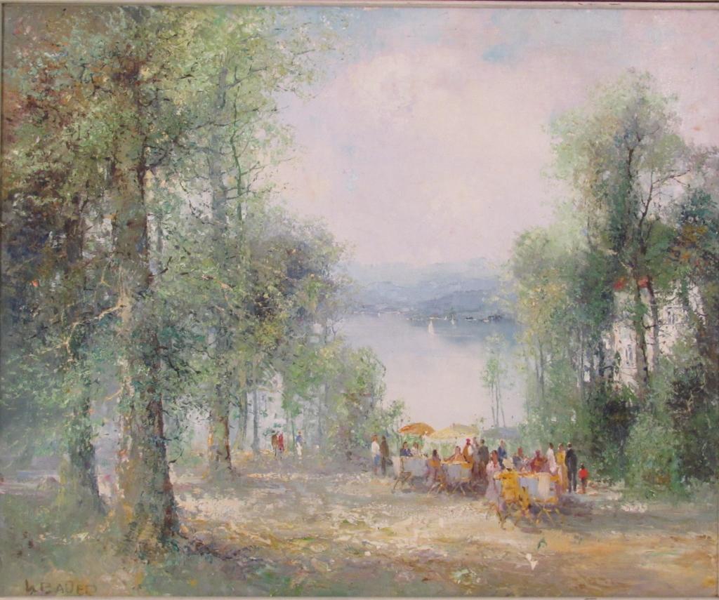 Willie Bauer (German b. 1928) - Oil on Canvas: Lake scene through forest with lakefront dinner party. Signed lower left. 28" X 23" (35" X 30") (Upper West Side Estate)