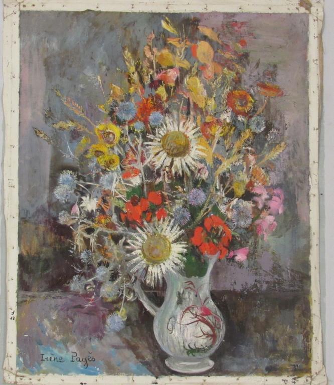 Irene Pages (French b.1934) Oil on Canvas: Canvas stapled to board in frame. Table still life with flowers. Signed lower left. 26" X 32" (33" X 41") (Upper West Side Estate)