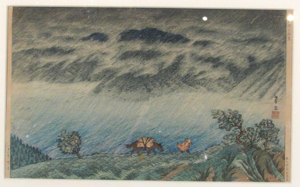 Japanese Color Woodblock Print: Traveler and horse in a storm, framed under glass, signed right side. 9" X 15" (17" X 20.75")