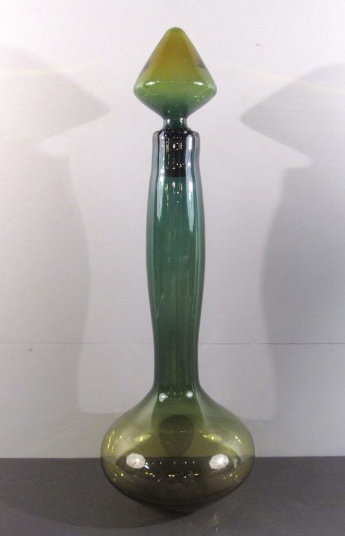 Tall Blenko Dark Glass Decanter: Decanter with triangular stopper. 10"DIAM X 31"H
