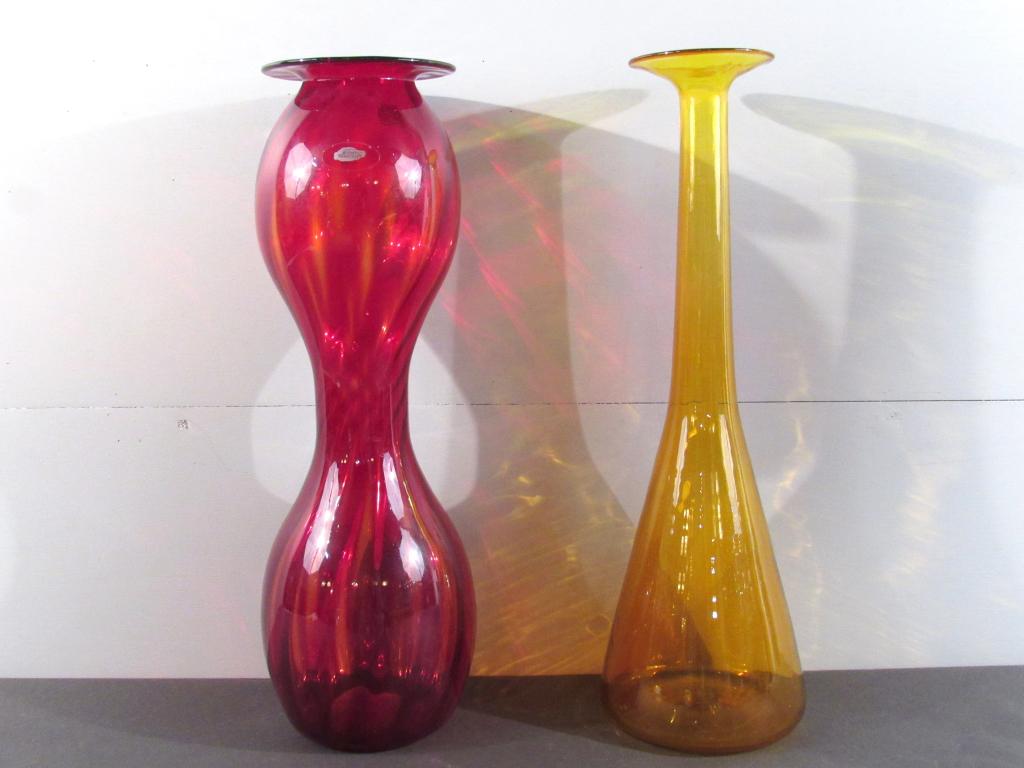 2 Blenko Glass Tall Vases: Red and yellow. Blenko sticker. Largest 6.25"DIAM X 19.5"H
