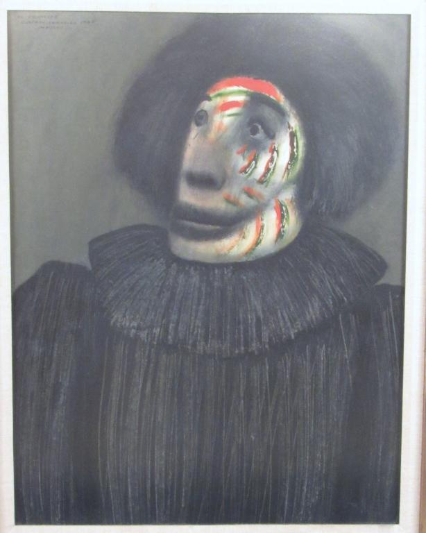 Rafael Coronel (Mexican, 1932-1985) - Mixed Media: Oil and water color on paper. "El Principe" Study of a man with jesters makeup, and black garb. Signed, dated and titled upper left, 1960 Mexico. 24" X 19" (33" X 28") From an Upper West Side Estate.