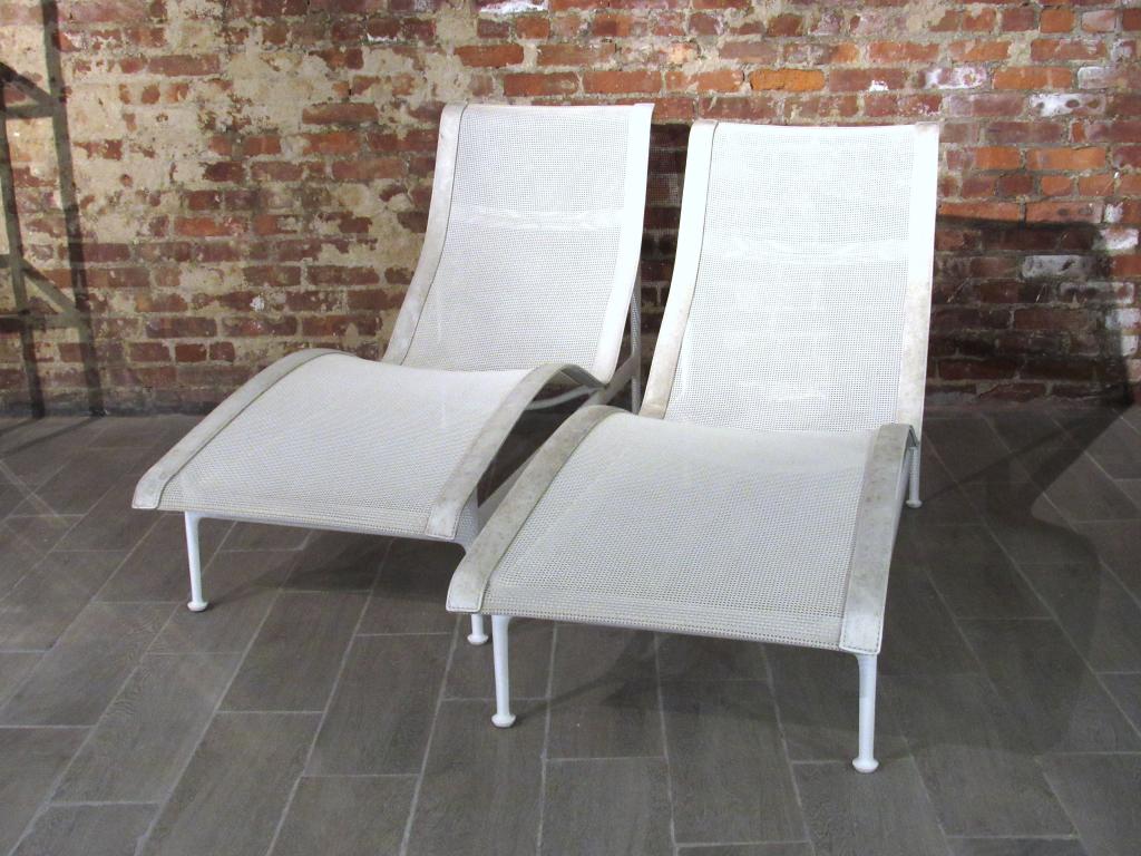 Pair Richard Schultz Chaise Lounges: Wavy form with pleather straps and mesh on enameled metal. Dirty as per outdoor furniture. Not adjustable. Marked with silvered plate. 24"W X 57"D X 33"H. From an East Hampton Home