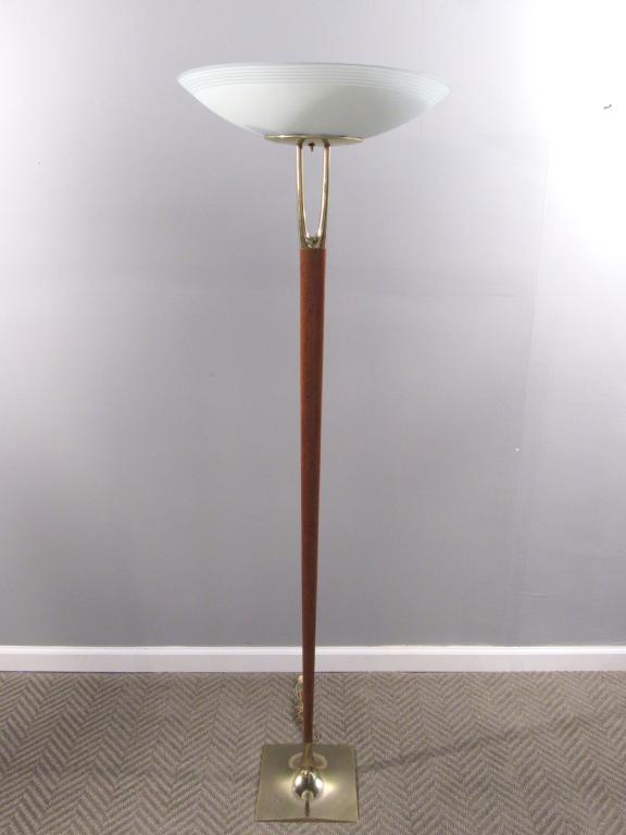 Gerald Thurston "Wishbone" Floor Lamp: Brass mounted walnut, Frosted Glass Shade, weighted base. Mid Century. 20"dia X 66"H