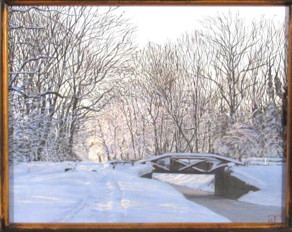 Jeff Gola (American b. 1962) Painting: Egg tempura on panel. "Canal Bridge at Woodside". Initialed on front, signed, dated and titled on verso. 7" X 9" (14" X 16") (Staten Island Private Collection)