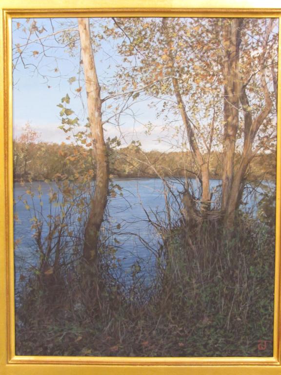 Jeff Gola (American b. 1962) Painting: Egg tempura on board. "Overlooking the Delaware". Initialed lower right, signed dated and titled on verso. 17.5" X 13.5" (12" X 19") (Staten Island Private Collection)