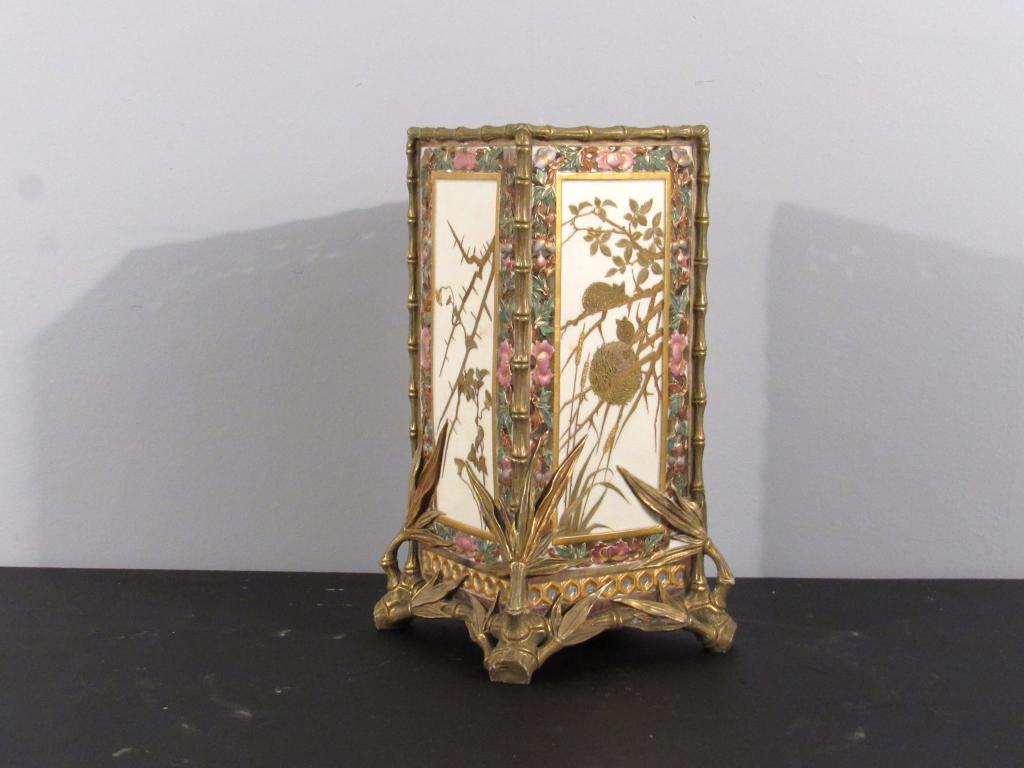 English Porcelain Squared Vase: Faux bamboo body with openwork sides, animal nest on front, faux bamboo gilt and painted in the Minton style. 6" square X 11"H. (Staten Island Private Collection)