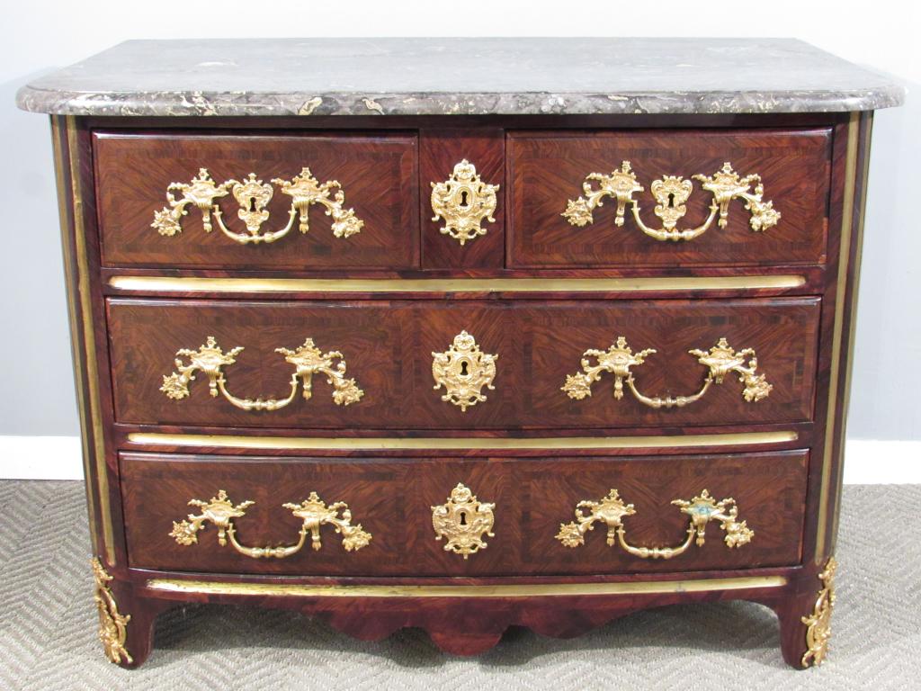 Antique French Regence Commode ****: 18th century, beveled marble top above 4 gilt bronze mounted marquetry inlaid drawers, gilt fluted accents. 46"W X 26"D X 34"H. (Staten Island Private Collection) **** See Condition Update